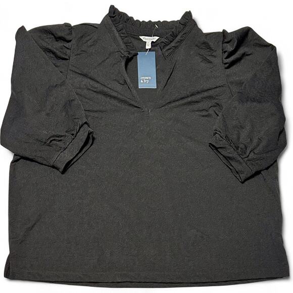 Crown & Ivy Black Jacquard Top Blouse Plus 4X Ruffle V-Neck 3/4 Sleeve NWT - Picture 8 of 9